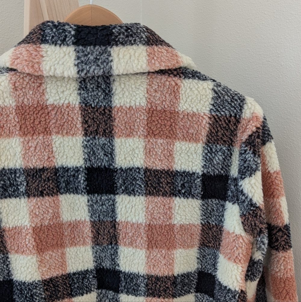 Madewell Hazlewood Faux Fur Plaid Sherpa Jacket In Black/Coral/Ivory - M - Picture 10 of 13